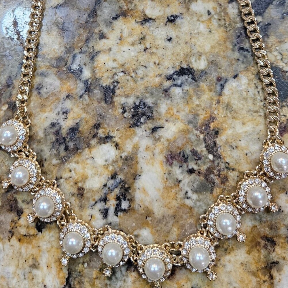 Fashion Necklace with 10 "Pearls"" Surrounded by Sparkling Crystals, Gold color